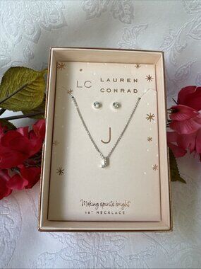 LC Lauren Conrad Initial J Silvertone Necklace Stud CZ Earring Set Gift Box 16"